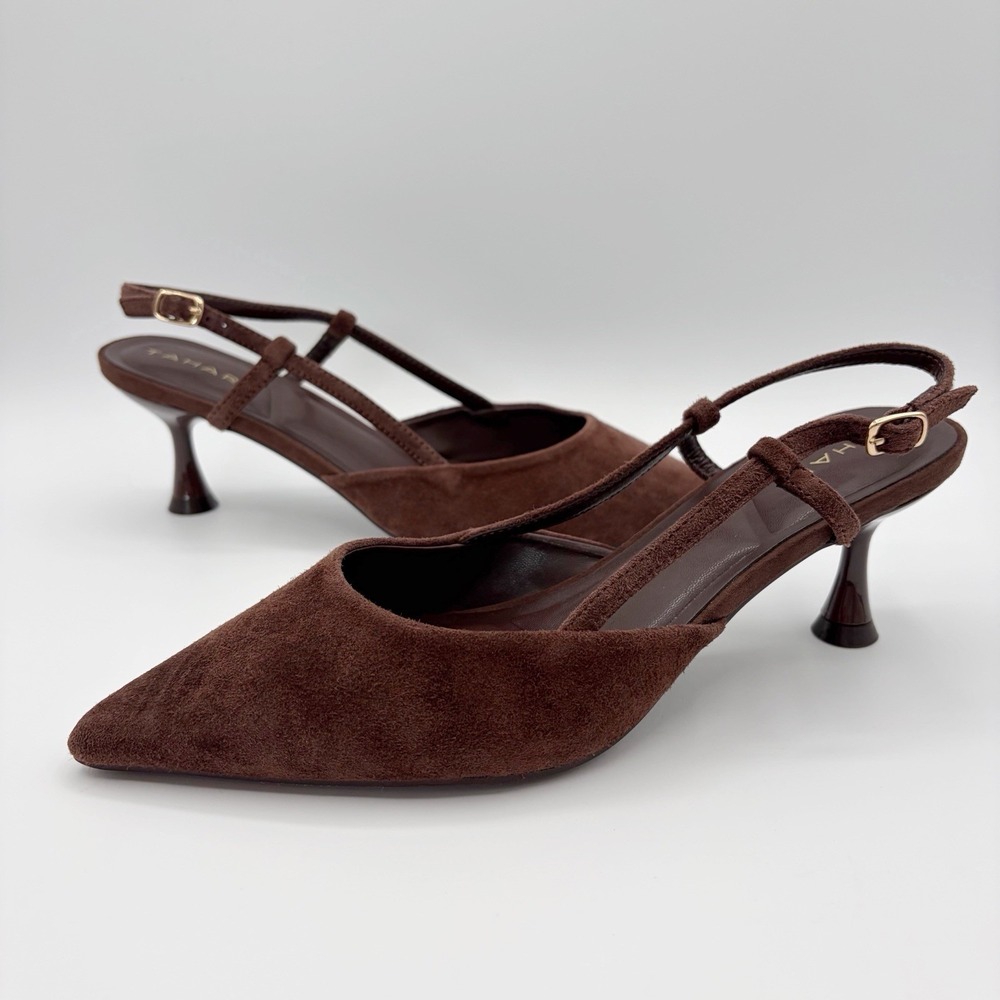 Tahari Linbel Chocolate Brown Suede Leather Sz 9 Slingback Kitten Heel Shoes
